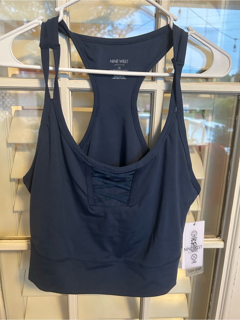 Nine West Navy Lace-Accent Racerback Sports Bra Top